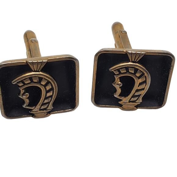 Swank Knight Black Enamel Cufflinks Square Gold Tone Soldier Warrior Vintage - Picture 3 of 5